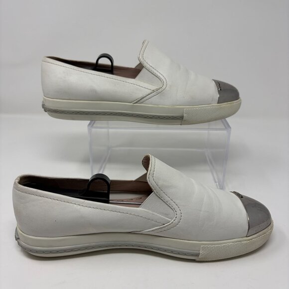 Miu Miu Metal Cap Toe Slip-On Sneakers Womens 38 1/2 - 8.5 US White Leather - Picture 5 of 13